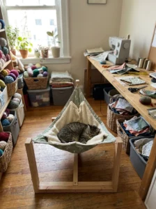 Handmade sewn fabric hammock with a cat resting inside