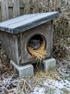 Safe insulated outdoor cat shelter with a raised base and dry straw bedding