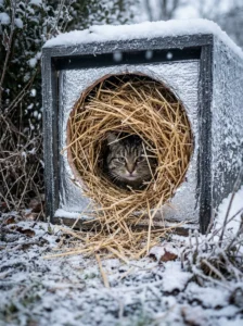 Feral cat staying warm in dry straw inside an insulated shelter
