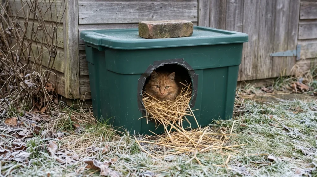 Ginger feral cat resting inside a homemade outdoor shelter filled with straw