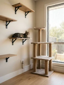 Securely anchored cat shelves and screened window in a cat-friendly room