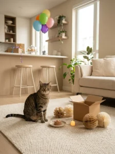 Safe cat birthday setup with paper decorations and pet-safe treats
