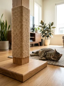 Stable DIY cat scratching post with tightly wrapped sisal rope