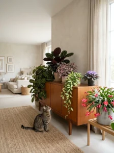 Calathea, prayer plant and other cat friendly flowering house plants indoors