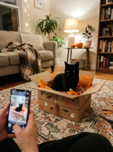 Black cat relaxing inside a decorated Halloween box