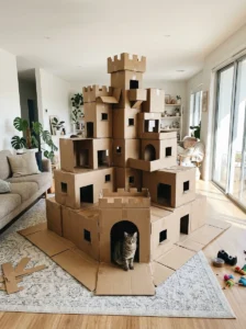 Multi-level cardboard cat palace with rooms and lookout windows