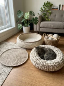 Cat relaxing inside a cozy enclosed crochet cave bed
