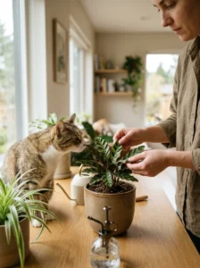 Cat safely inspecting an indoor house plant while owner checks its leaves
