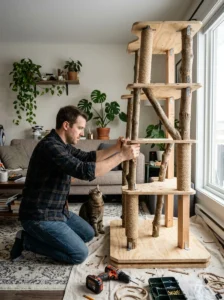 Sturdy homemade cat tower with a wide stable base