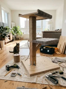 Handmade DIY cat tree with sisal post and carpeted platforms