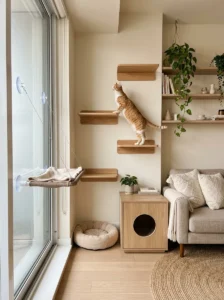 Small apartment using wall shelves and a window hammock for cat space