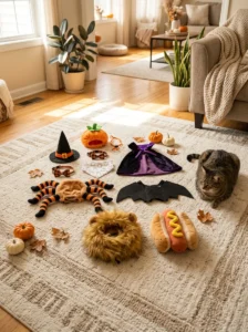Collection of easy cat Halloween costume ideas including hats, capes, and bandanas