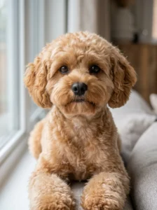 Cavapoo with a rounded face and slightly longer paws after grooming