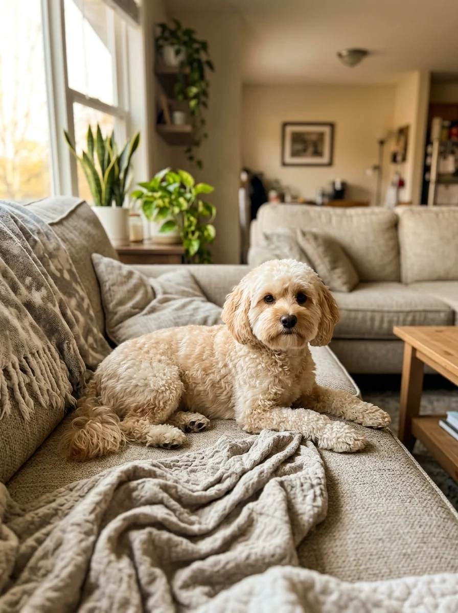 Cream Cavapoo with a short puppy cut and neatly trimmed fluffy face