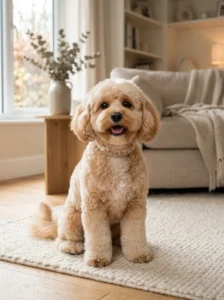 Freshly groomed Cavapoo with an adorable teddy bear haircut