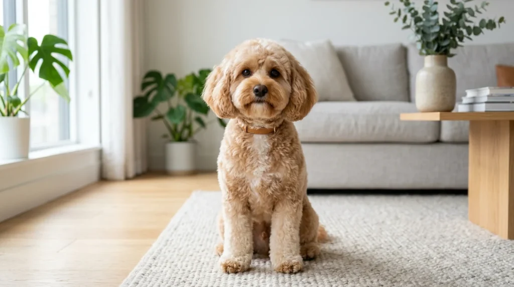 Adorable Cavapoo with a fluffy teddy bear haircut