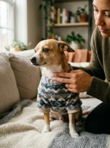 Owner checking the comfortable fit of a homemade dog sweater