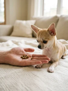 Small Chihuahua beside tiny training treats for portion control.