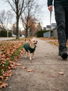 Chihuahua wearing a warm dog coat on a chilly outdoor walk.