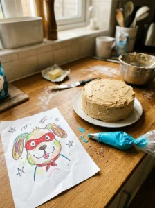 Child's dog superhero drawing used as inspiration for decorating a homemade birthday cake.