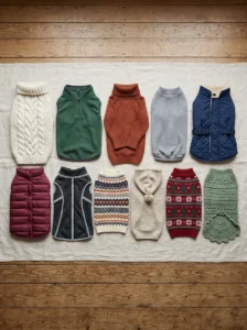 Different dog sweater ideas including knit, fleece, quilted, and hooded styles
