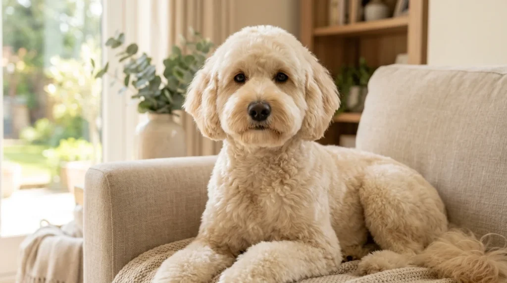 Adorable doodle with a fluffy teddy bear dog haircut
