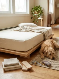 Upcycled crib mattress dog bed with a fitted cover and wooden platform