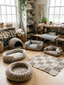 Handmade crochet dog bed with chunky washable yarn and a comfortable textured surface.
Copy alt text