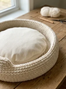 Tightly stitched crochet dog bed with secured yarn ends and a supportive inner pad.