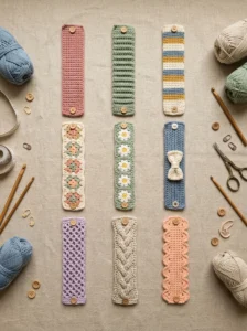 Nine crochet dog collar cover patterns in different stitches, colors, and decorative styles