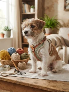 Crochet dog harness made with soft cotton yarn
