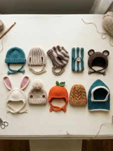 Ten crochet dog hat patterns featuring beanies, animal ears, an ear warmer, a pumpkin hat and a hooded cowl.