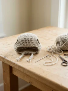 Handmade crochet dog hat with secure seams and woven-in yarn ends.