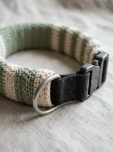 Crochet dog collar cover fitted over sturdy webbing with a secure buckle