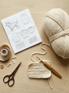 Crochet hook, soft yarn, measuring tape and swatch for making a dog sweater.