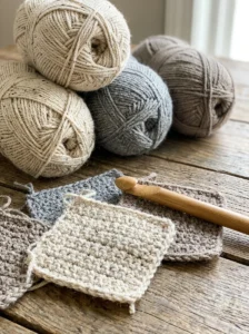 Washable acrylic and cotton yarn in neutral colors for making a durable crochet dog bed.
Copy alt text