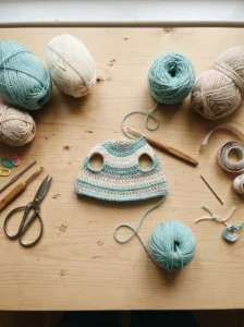 Crochet yarn, hooks and measuring tape arranged beside a handmade dog hat project.