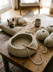 Beginner crochet dog bed project with chunky yarn, crochet hook and a small dog nearby.