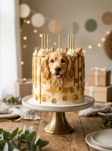 Finished custom dog lover birthday cake decorated with a realistic dog face and paw prints.