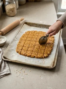 Cutting homemade pumpkin oat dog treat dough into small squares with a pizza cutter.