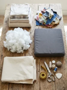 Clean fabric scraps and fiberfill for homemade dog bed stuffing
Copy prompt