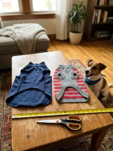 Homemade no sew dog sweater compared with a store-bought dog sweater