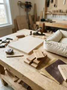 Oak hardwood and plywood samples beside a padded wooden dog bed