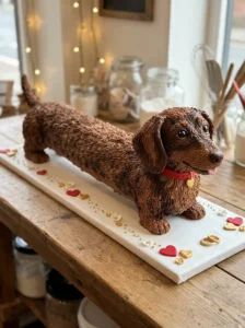 Custom dachshund-shaped anniversary cake with a long body and playful facial expression.