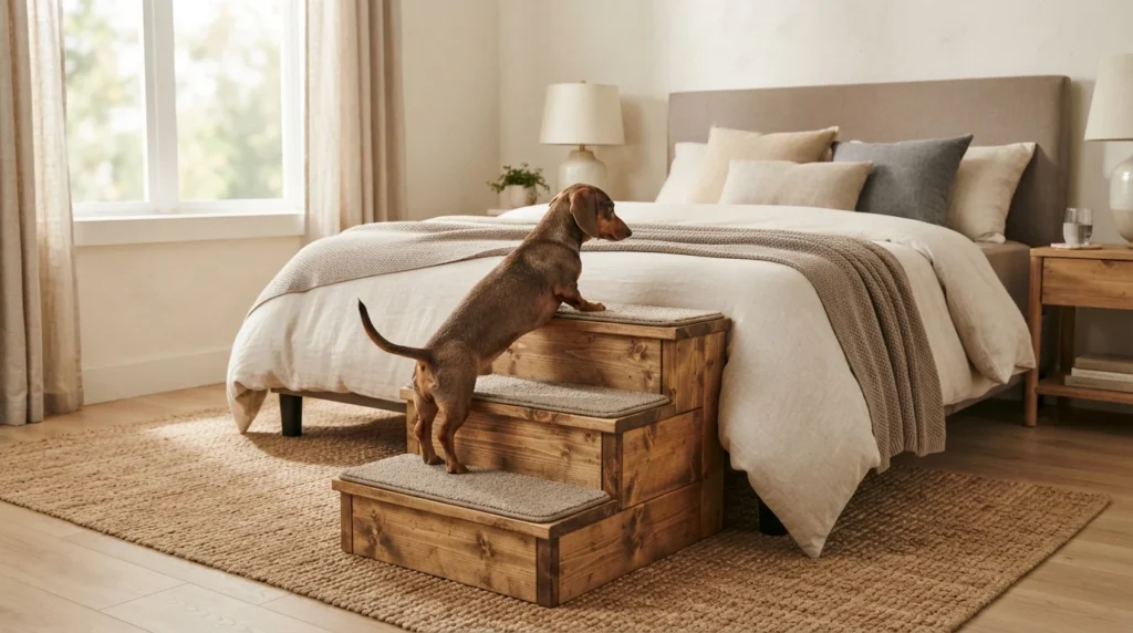 Dachshund using DIY wooden dog steps to climb onto a bed