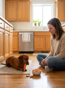 Owner supervising a dachshund with a homemade carrot chew.
