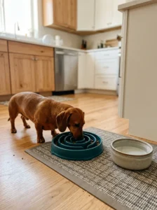 Dachshund eating kibble from a maze-style slow feeder dog bowl.