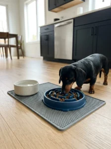 Dachshund eating from a slow feeder bowl on a non-slip mat.