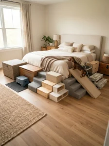 13 DIY dog stair and ramp ideas including wooden steps, storage benches, foam stairs, and foldaway designs