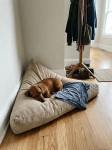 Dachshund relaxing on a corner dog cushion near a coat rack
Copy prompt